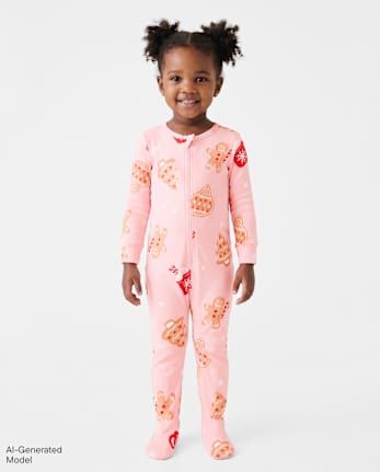 Pyjama une pièce en coton à pieds assorti pour bébé fille, motif pain d'épice, coupe ajustée - PINK SEA SALT