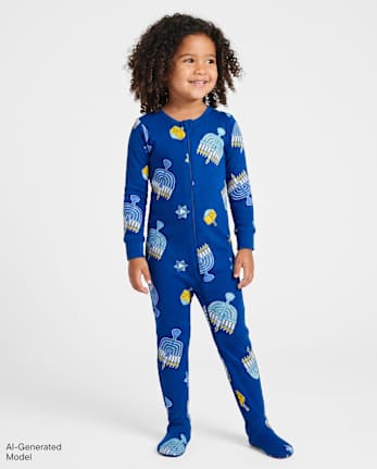 Baby And Toddler Matching Family Hanukkah Snug Fit Cotton Footed One Piece Pajamas - NAVY NARROWS