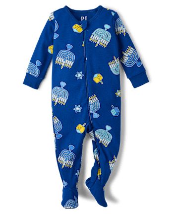 Baby And Toddler Matching Family Hanukkah Snug Fit Cotton Footed One Piece Pajamas - NAVY NARROWS