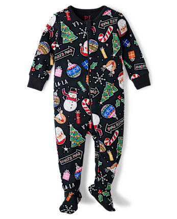 Baby And Toddler Matching Family Christmas Icon Snug Fit Cotton Footed One Piece Pajamas - BLACK