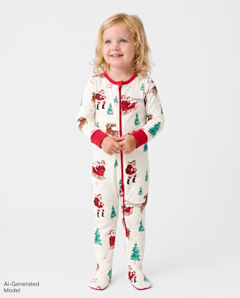 Pyjama une pièce en coton, coupe ajustée, avec pieds, assorti pour bébé et famille, motif traîneau du Père Noël - SIMPLYWHT