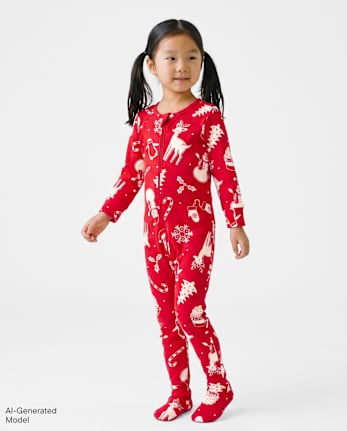 Pyjama une pièce en coton, coupe ajustée, avec pieds, assorti pour bébé et tout-petit, motif Noël familial. - RED GUMBALL