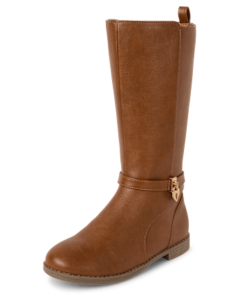 Girls Heart Charm Tall Boots - TAN