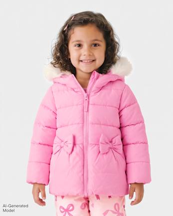 Doudoune à nœud papillon doublée de fausse fourrure pour petites filles - PERFECTLY PINK