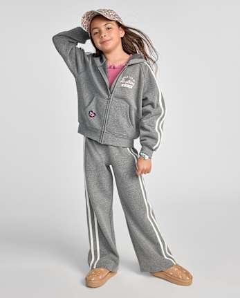 Girls Side Stripe Premium Fleece Wide Leg Sweatpants