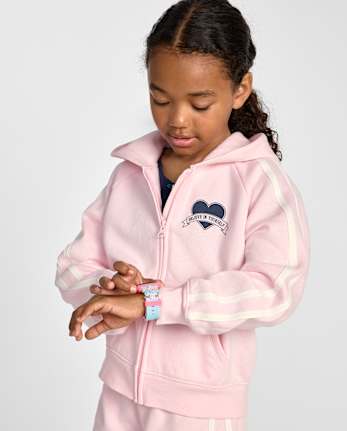 Girls Graphic Side Stripe Premium Fleece Zip Up Hoodie