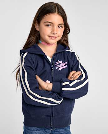 Girls Graphic Side Stripe Premium Fleece Zip Up Hoodie - TIDAL