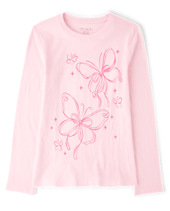 Girls Ribbon Butterfly Graphic Tee - ROSE MIST