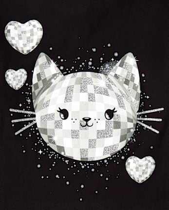 Girls Glitter Disco Ball Cat Graphic Tee - BLACK
