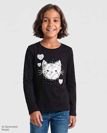 Girls Glitter Disco Ball Cat Graphic Tee - BLACK