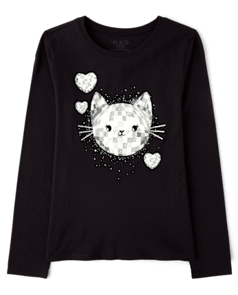 Girls Glitter Disco Ball Cat Graphic Tee - BLACK