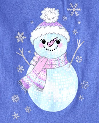 Girls Glitter Disco Ball Snowman Graphic Tee - BLUE SAPPHIRE