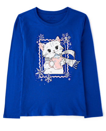 Girls Winter Cat Graphic Tee - EDGE BLUE