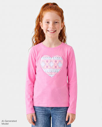 Girls Fairisle Heart Graphic Tee - PERFECTLY PINK