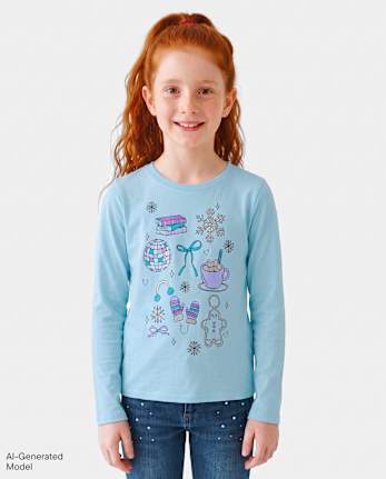 Girls Winter Doodles Graphic Tee - BLUE AIR