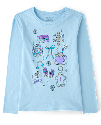 Girls Winter Doodles Graphic Tee - BLUE AIR