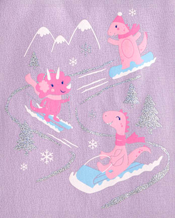 Baby And Toddler Girls Glitter Dino Sled Graphic Tee - ORCHID BREEZE