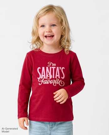T-shirt graphique de Noël préféré du Père Noël pour bébés et petites filles - RED OCHRE