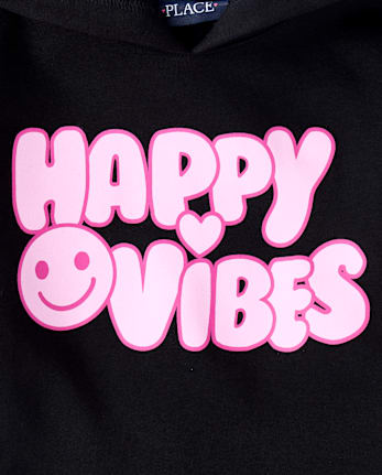 Girls Happy Vibes Premium Fleece Hoodie - BLACK