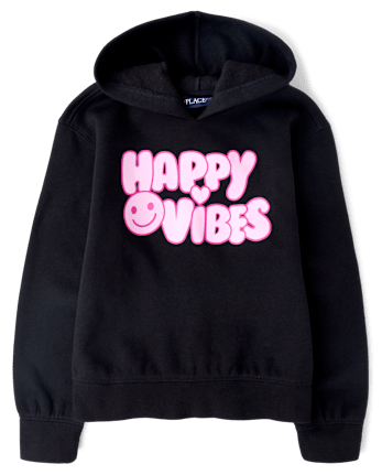 Girls Happy Vibes Premium Fleece Hoodie - BLACK