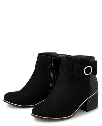 Girls Glitter Bow Low Heel Booties - BLACK