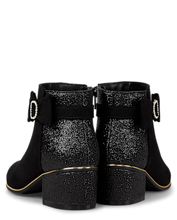 Girls Glitter Bow Low Heel Booties - BLACK