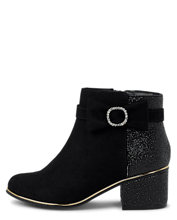 Girls Glitter Bow Low Heel Booties - BLACK
