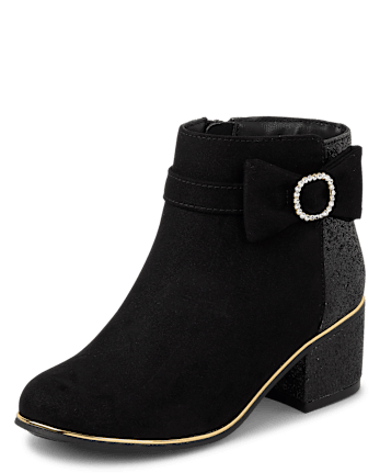 Girls Glitter Bow Low Heel Booties - BLACK
