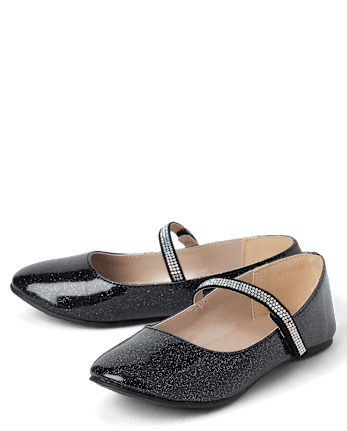 Girls Glitter Rhinestone Ballet Flats - BLACK