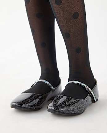 Girls Glitter Rhinestone Ballet Flats - BLACK