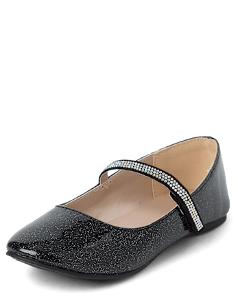 Girls Glitter Rhinestone Ballet Flats - BLACK