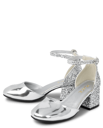 Girls Metallic Glitter Block Heels - SILVER