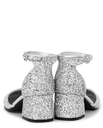 Girls Metallic Glitter Block Heels - SILVER