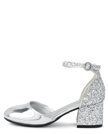 Girls Metallic Glitter Block Heels - SILVER