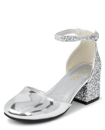 Girls Metallic Glitter Block Heels - SILVER