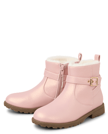 Girls Shimmer Buckle Faux Fur Lined Boots - PINK
