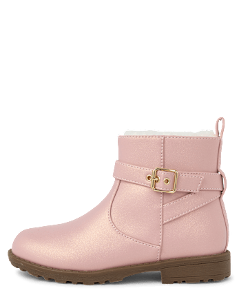 Girls Shimmer Buckle Faux Fur Lined Boots - PINK
