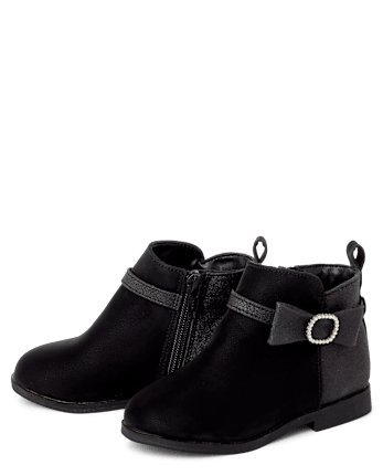 Toddler Girls Glitter Bow Booties - BLACK