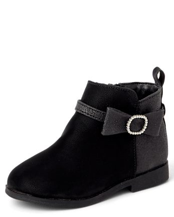 Toddler Girls Glitter Bow Booties - BLACK
