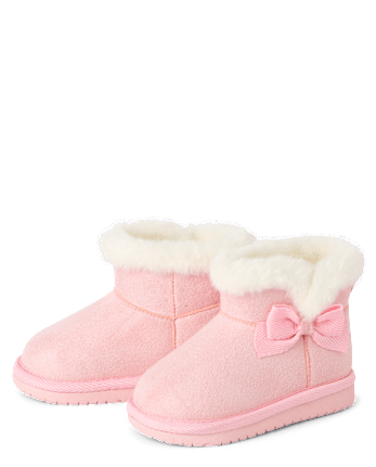 Baby Girls Bow First Steps Teddy Boots - PINK