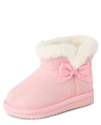 Baby Girls Bow First Steps Teddy Boots - PINK