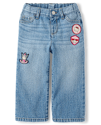 Toddler Girls Hello KittyÂ® And Friends Embroidered Patch Wide Leg Jeans - MYLAH WASH