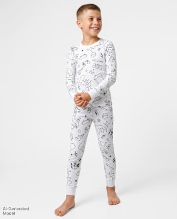 Boys DIY Coloring Doodle Snug Fit Cotton Pajamas - WHITE