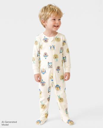 Baby And Toddler Boys Winter Dogs Snug Fit Cotton Footed One Piece Pajamas - FAIR IVORY