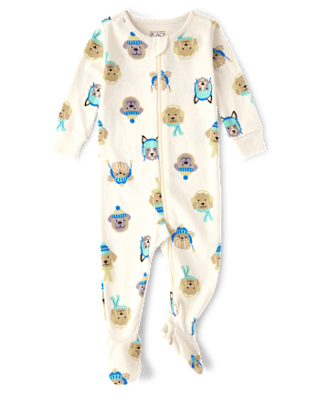 Baby And Toddler Boys Winter Dogs Snug Fit Cotton Footed One Piece Pajamas - FAIR IVORY