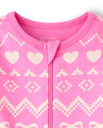 Baby And Toddler Girls Bow Fairisle Snug Fit Cotton Footed One Piece Pajamas - PERFECTLY PINK