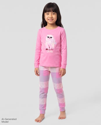 Girls Chill Cat Snug Fit Cotton Pajamas - PERFECTLY PINK