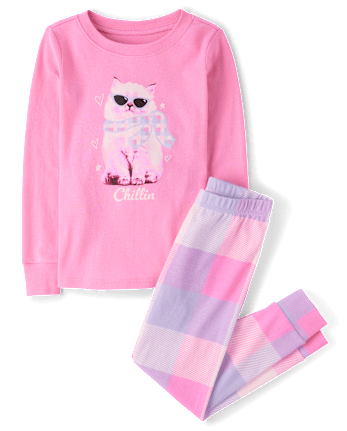 Girls Chill Cat Snug Fit Cotton Pajamas - PERFECTLY PINK