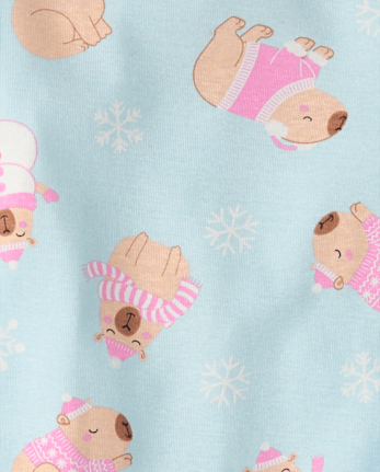 Girls Winter Capybara Snug Fit Cotton Pajamas - ARCHERY BLUE NEON