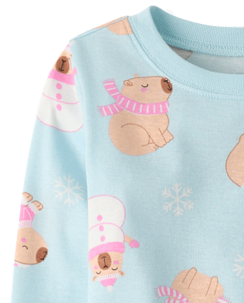 Girls Winter Capybara Snug Fit Cotton Pajamas - ARCHERY BLUE NEON
